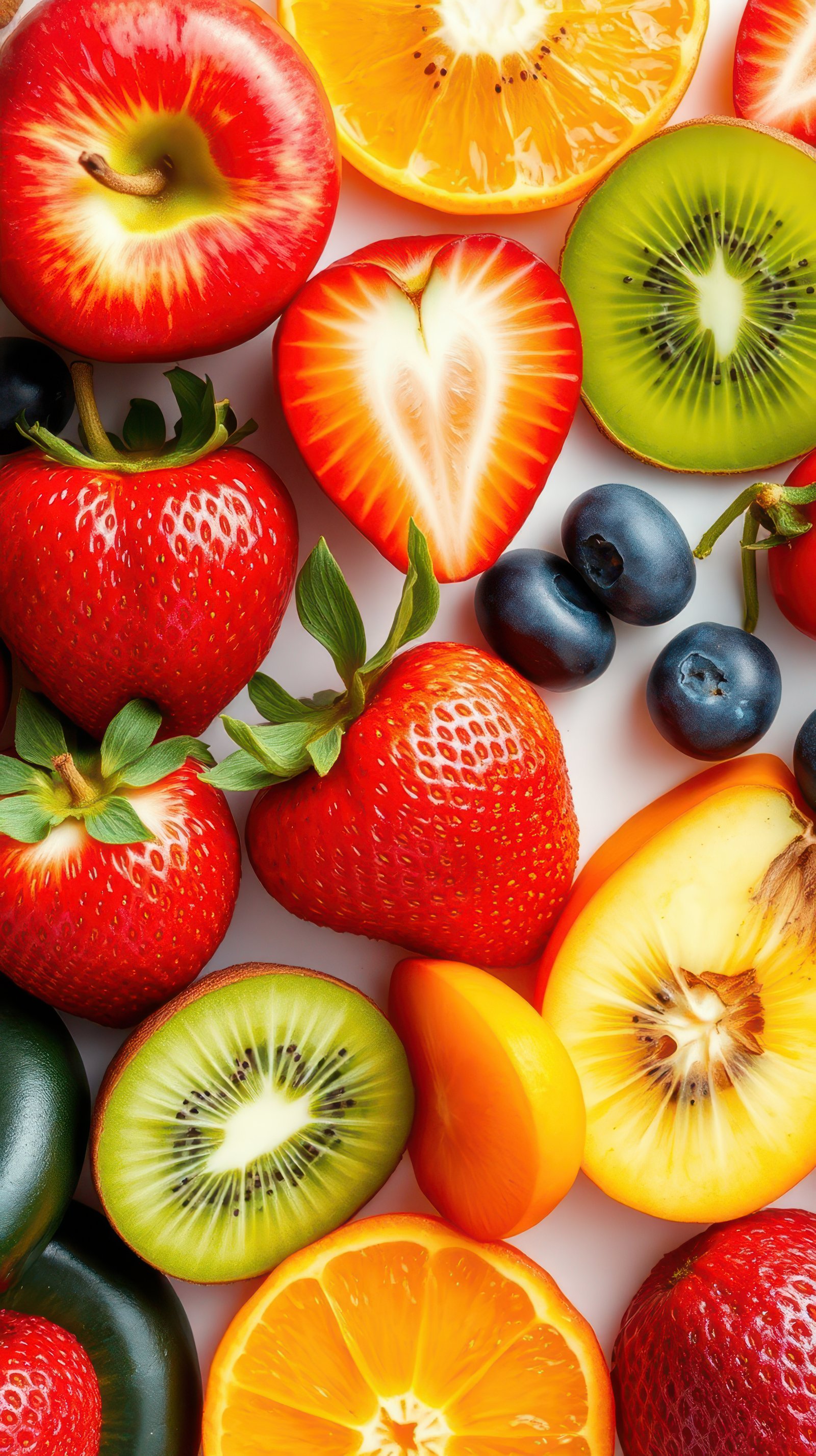 A colorful assortment of fresh fruits, including strawberries, kiwi, oranges, and blueberries, are arranged on a white surface